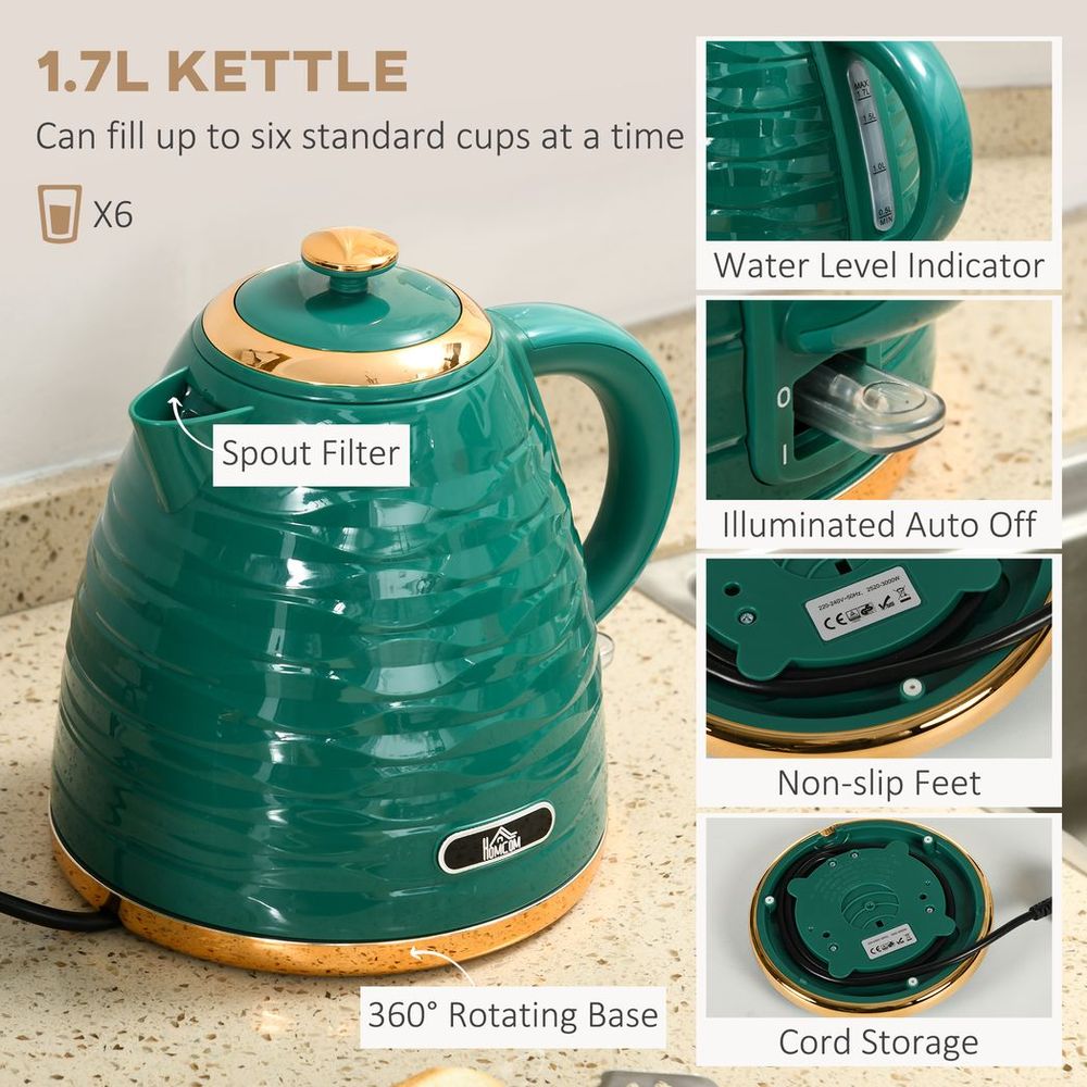 HOMCOM 1.7L Kettle and Toaster Set 1.7L Rapid Boil Kettle & 4 Slice Toaster Green