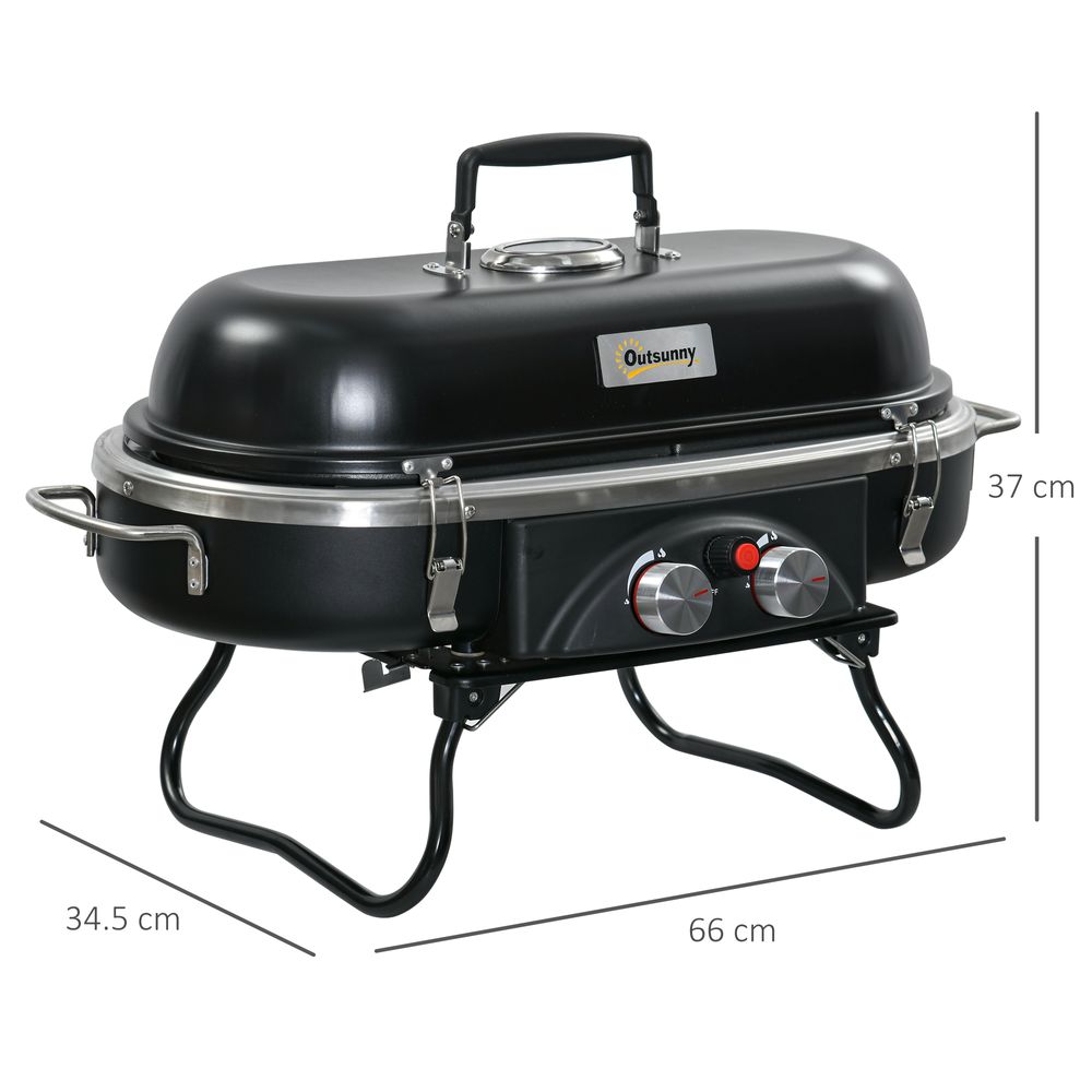 Gas BBQ Grill 2 Burner TableTop With Piezo Ignition & Thermometer