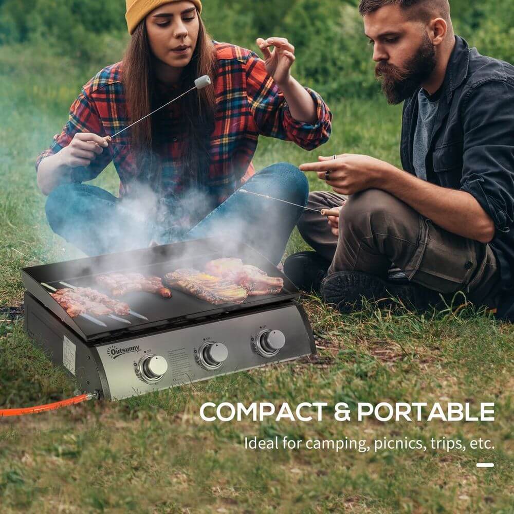 Outsunny Portable Gas Plancha BBQ Grill with 3 Stainless Steel Burner, 9kW