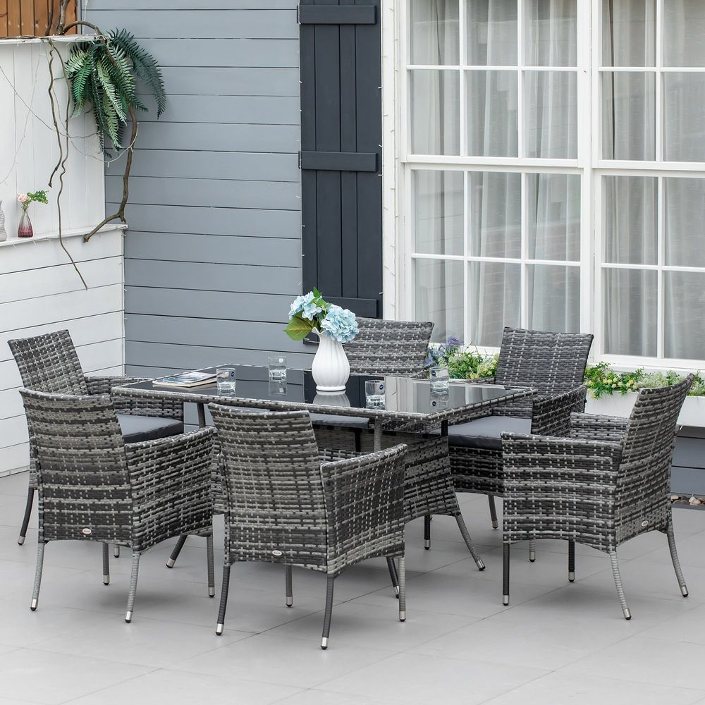 Grey Rattan Garden Furniture Dining Set Table & 6 Chairs