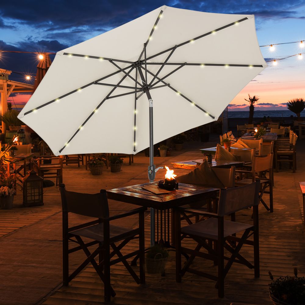 Off White 24 LED Light Patio Tilt Sun Umbrella