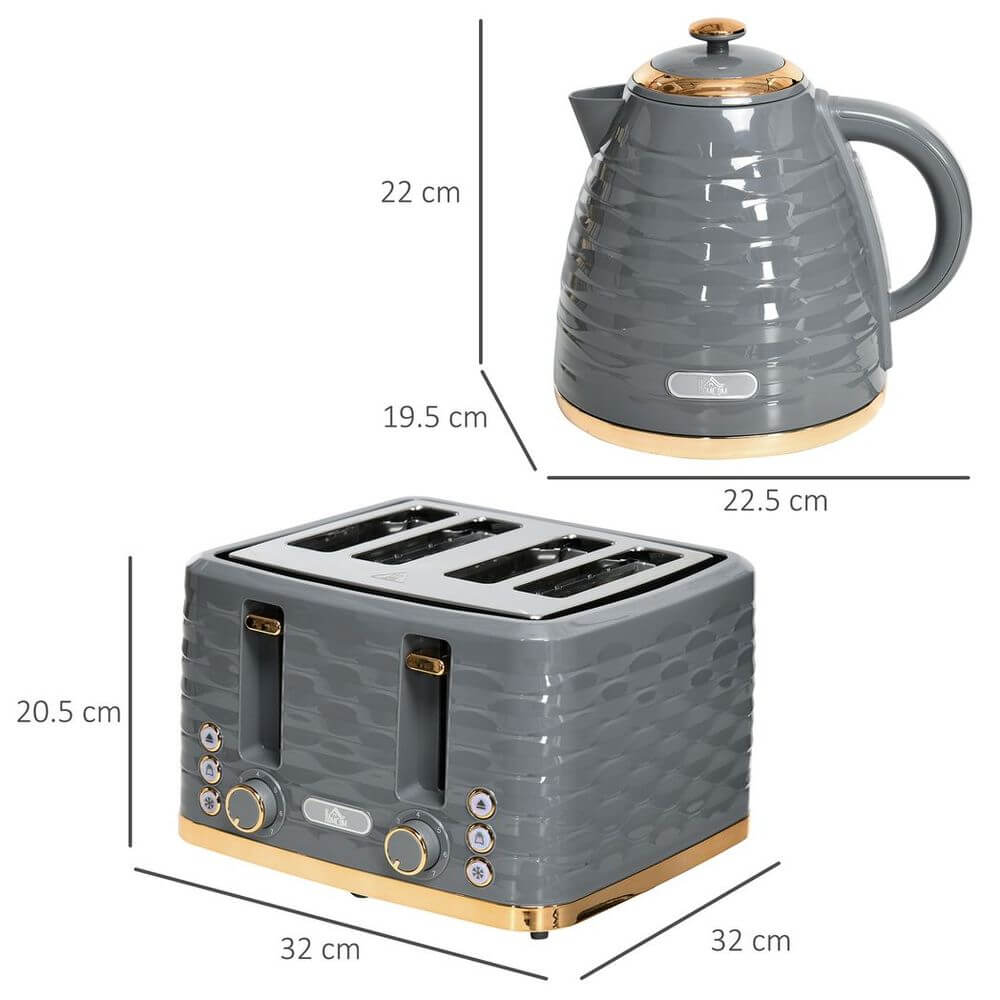 Grey HOMCOM Rapid Boil Kettle & 4 Slice Toaster With Measurements
