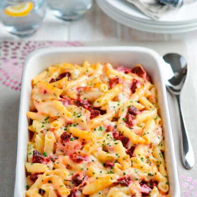Creamy Pasta Bake with Beetroot and Smoked Ham