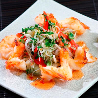 Thai Noodle Salad with Crispy Shallots, Asian Herbs and Pan Fried Butterfly Prawns
