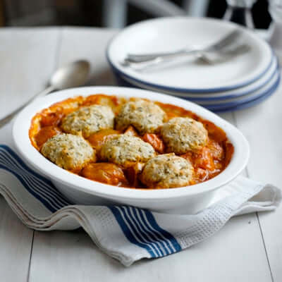 Butternut Squash Shallot and Butterbean Casserole with Herbed Dumplings