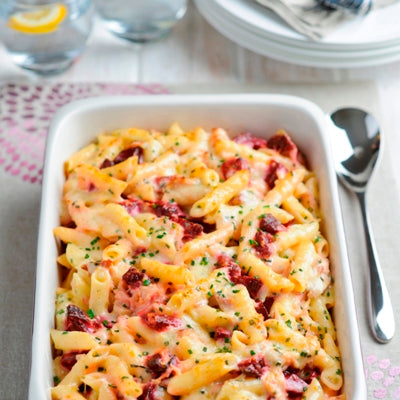 Creamy Pasta Bake with Beetroot and Smoked Ham