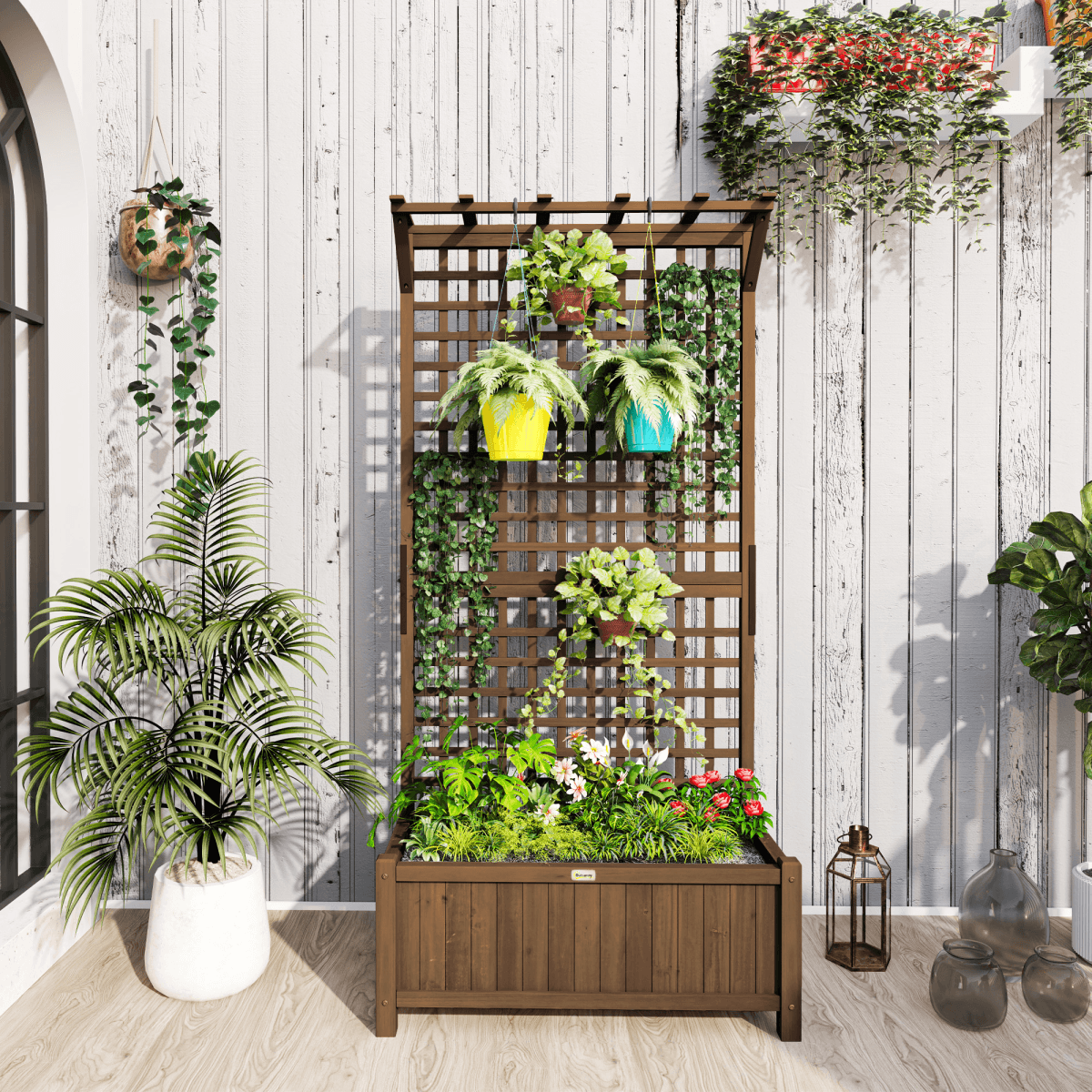 Wooden Trellis Planter with Drain Holes, Privacy Screen Raised Beds for Garden