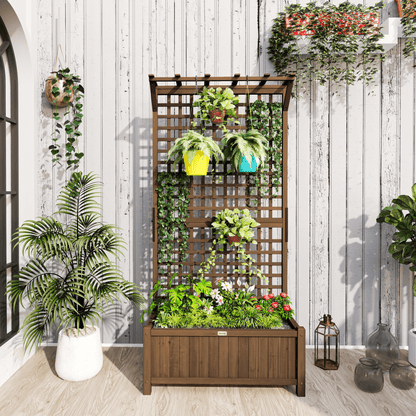 Wooden Trellis Planter with Drain Holes, Privacy Screen Raised Beds for Garden