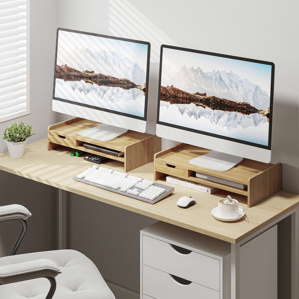 Monitor Riser Laptop PC Plinth Stand Desktop Organiser With Drawer Bamboo