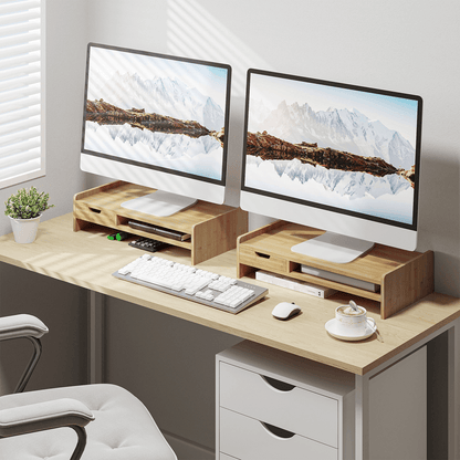 Monitor Riser Laptop PC Plinth Stand Desktop Organiser With Drawer Bamboo