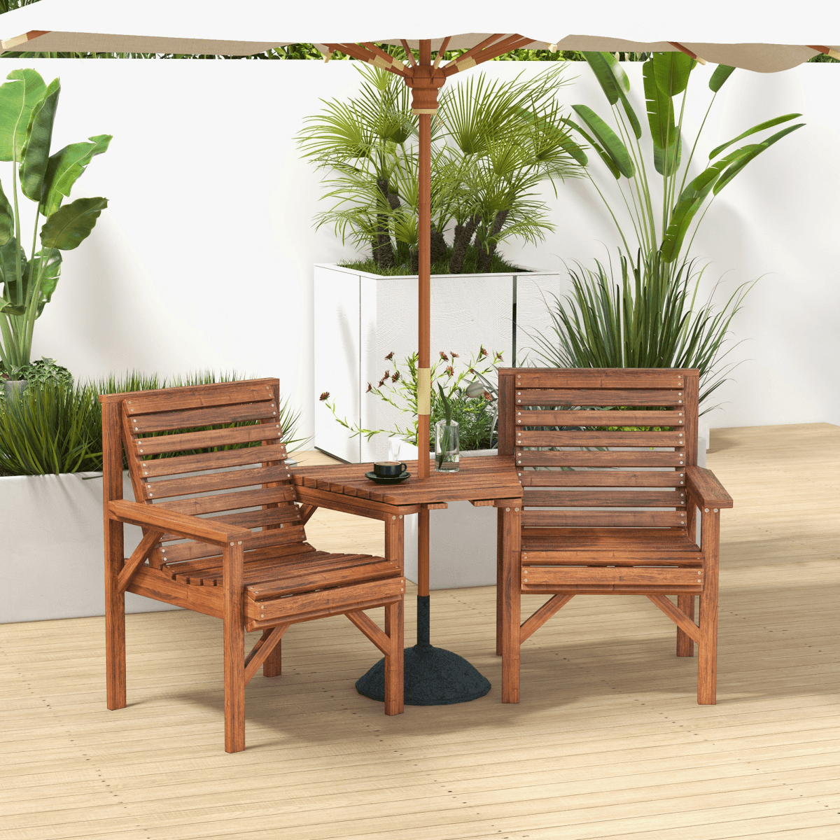 Outsunny Wooden Garden Love Seat Bench with Coffee Table Tan Brown