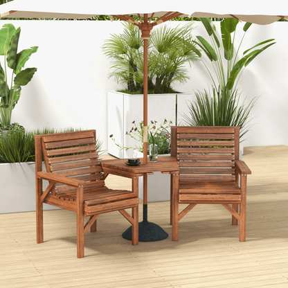 Outsunny Wooden Garden Love Seat Bench with Coffee Table Tan Brown