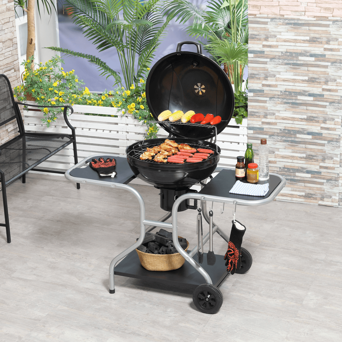 Outsunny Garden Charcoal Trolley Barbecue Grill with Wheels-Black