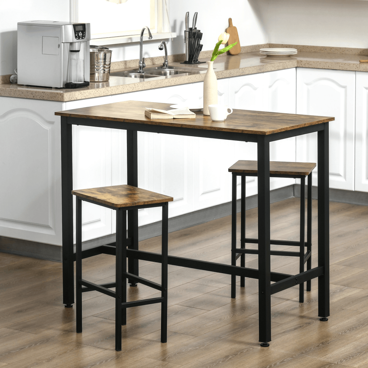 Industrial Bar Table Set, 2 Stools, 3PC Counter Height Rustic Brown