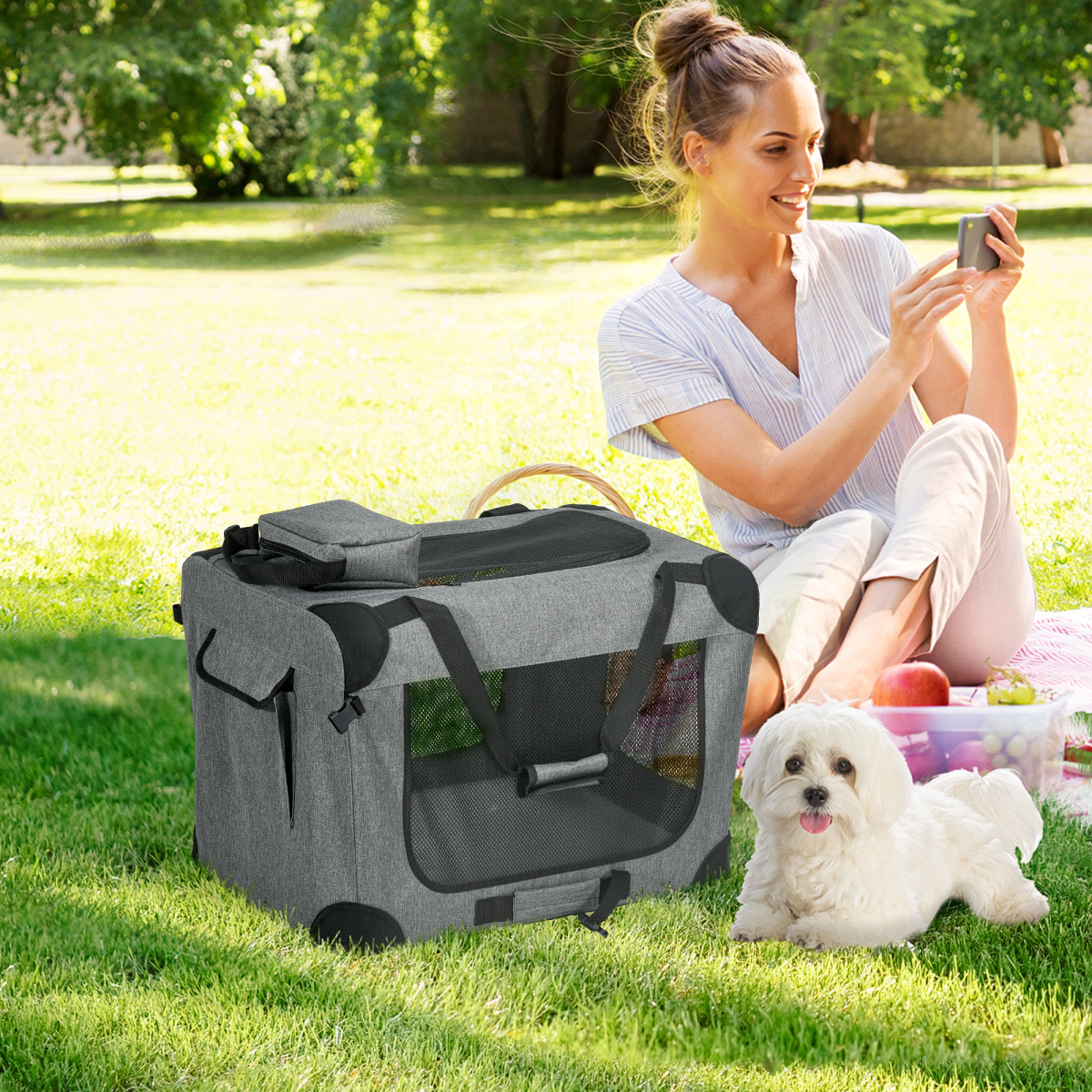 PawHut Folding Pet Carrier Bag House With Cushion Storage, Grey 60x41.5x41cm