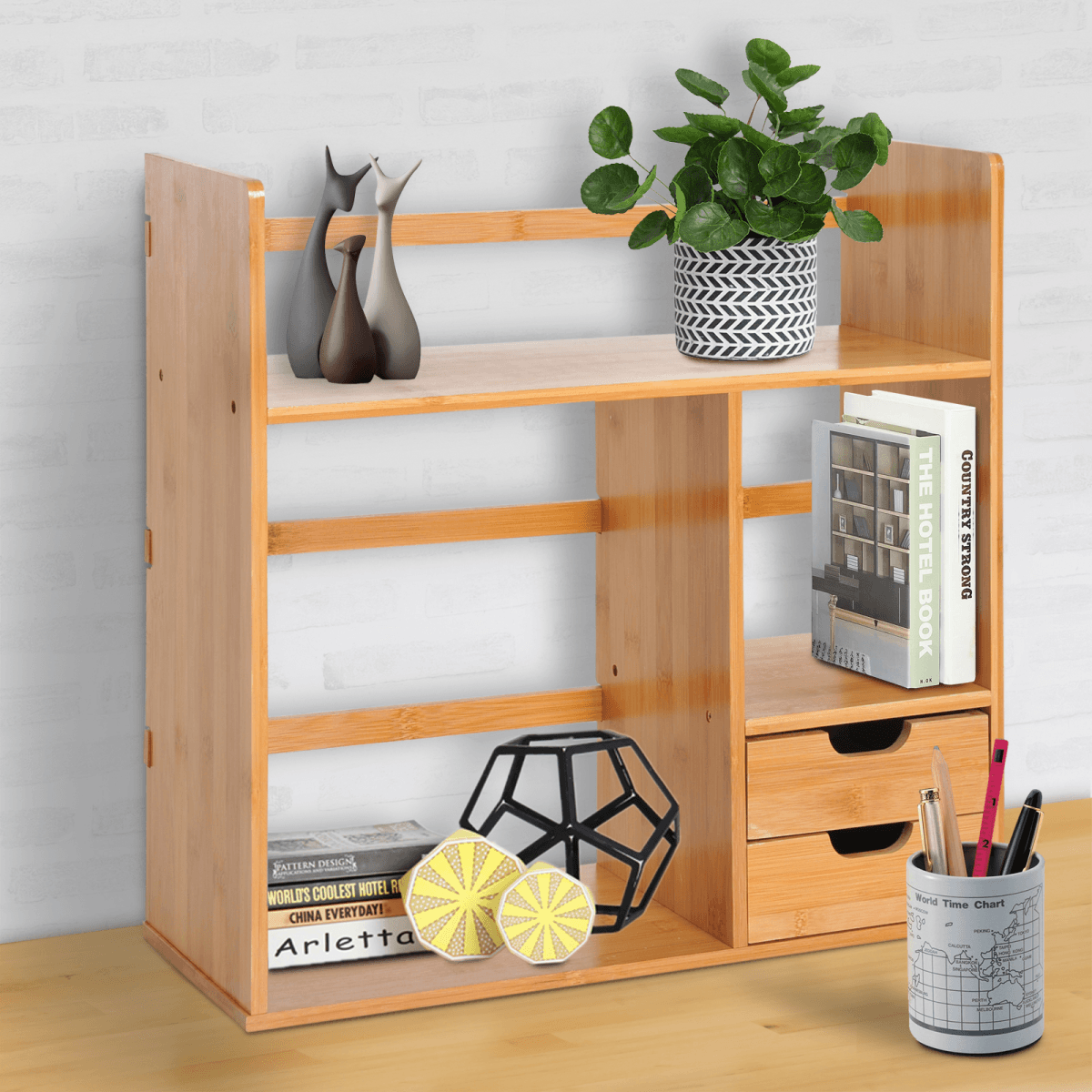Bamboo Desk Organiser Desktop Bookshelf with 2 Drawers