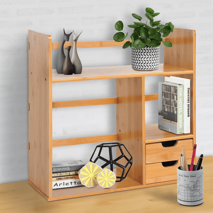 Bamboo Desk Organiser Desktop Bookshelf with 2 Drawers