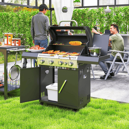 Outsunny 4+1 Burner Gas BBQ Grill with Clear View Lid, Thermometer, Black