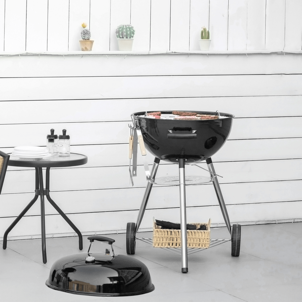 Outsunny Portable Kettle Charcoal Grill BBQ Smoker w/ Cover, Lid, & Thermometer