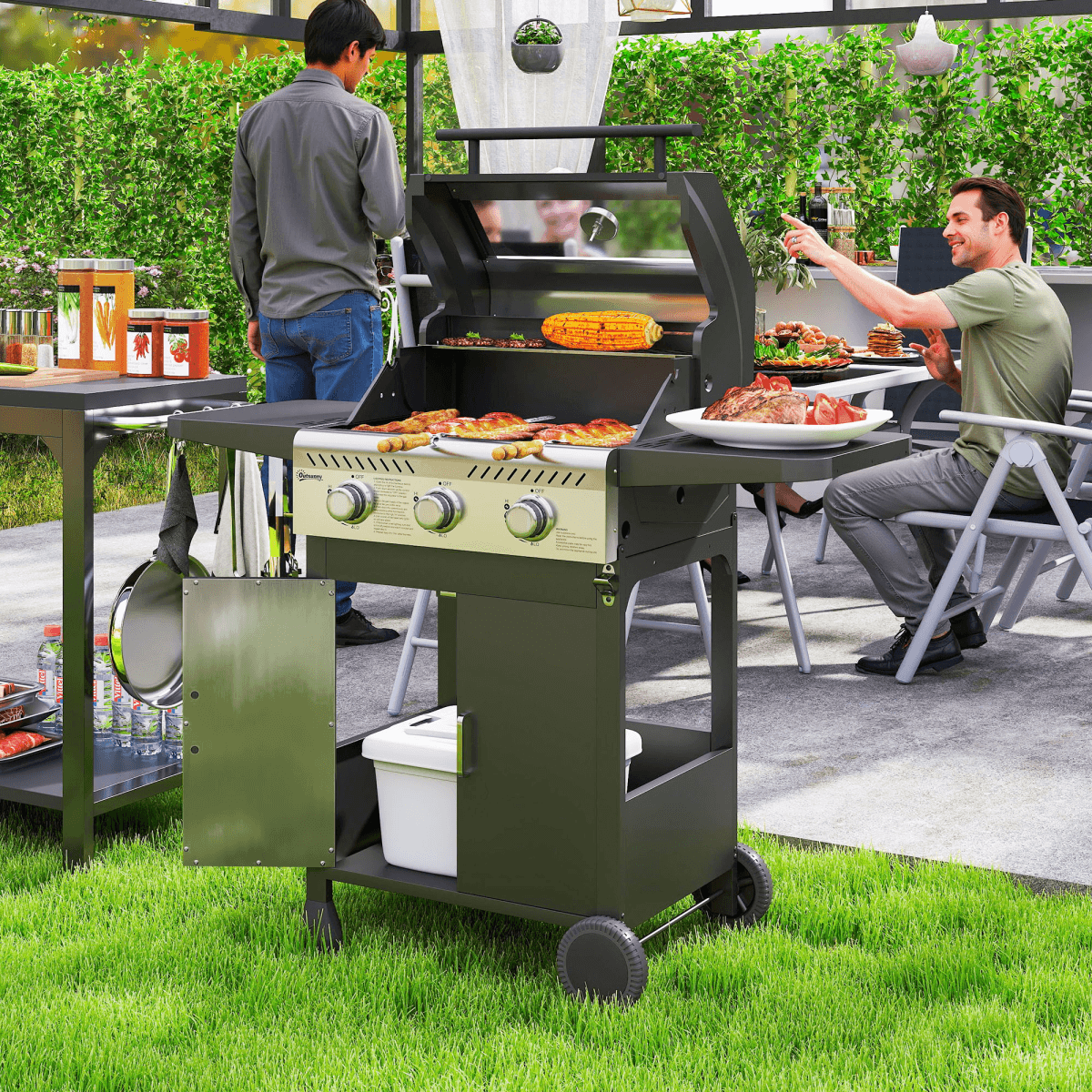 Outsunny 3 Burner Propane Gas BBQ Grill with See-through Lid and Thermometer