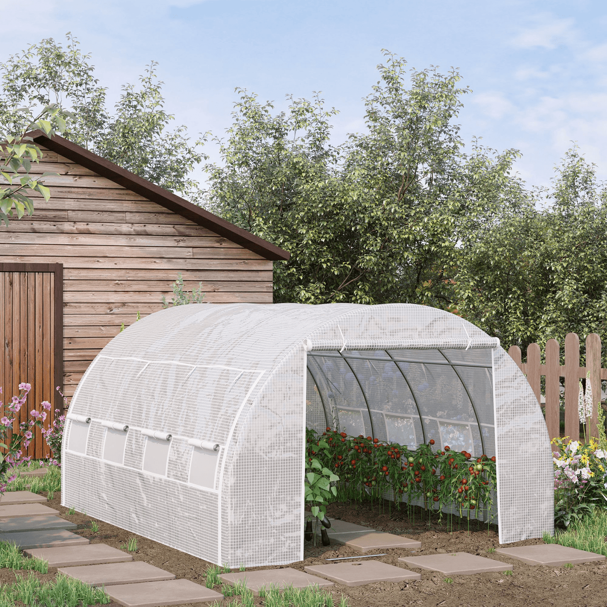 4 x 3 x 2 m Polytunnel Greenhouse With Steel Frame White with roll-up door and 8 ventilation windows