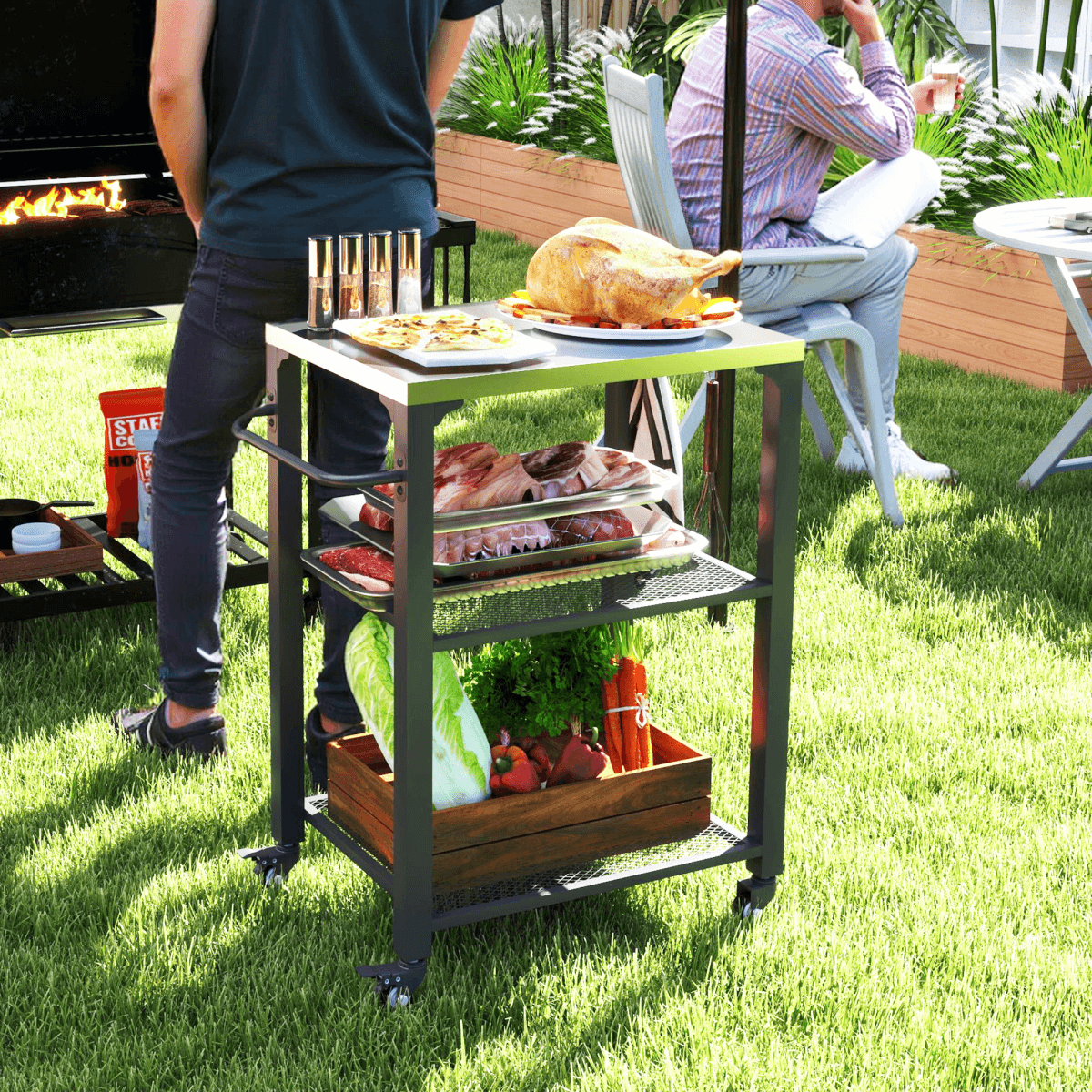 Outsunny 3-Shelf Outdoor Grill Cart, Outdoor Kitchen w/ Stainless Steel Top