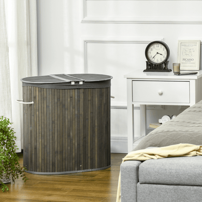 100L Bamboo Laundry, Washing Basket with 2 Compartments - Grey HOMCOM