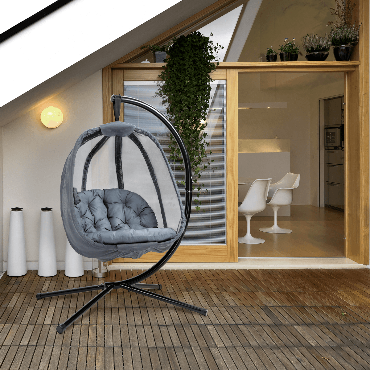 Folding Hanging Egg Chair with Cushion and Stand - Grey