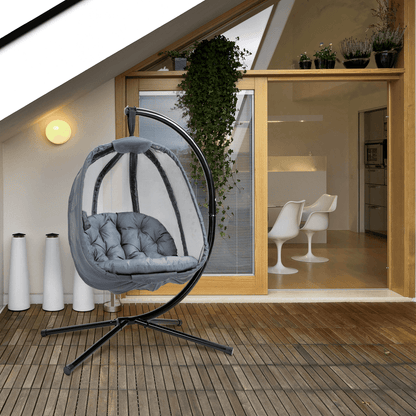 Folding Hanging Egg Chair with Cushion and Stand - Grey