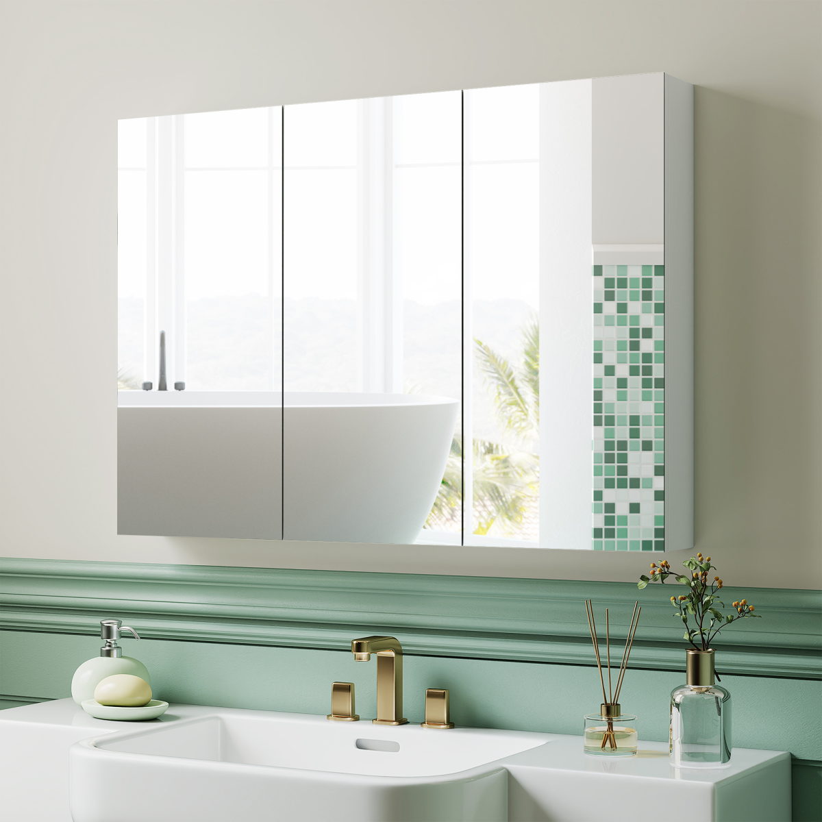 HOMCOM Bathroom Mirror Cabinet with 4 Adjustable Shelves, White displayed in a modern bathroom setting.