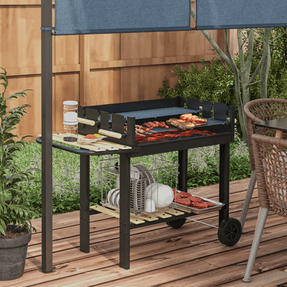 Outsunny Charcoal BBQ Grill with Side Table, Storage Shelf and Wheels