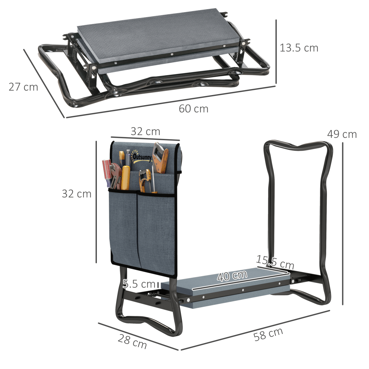 Outsunny Garden Kneeler Foldable Seat Bench EVA Foam Pad with Tool Bag Pouch