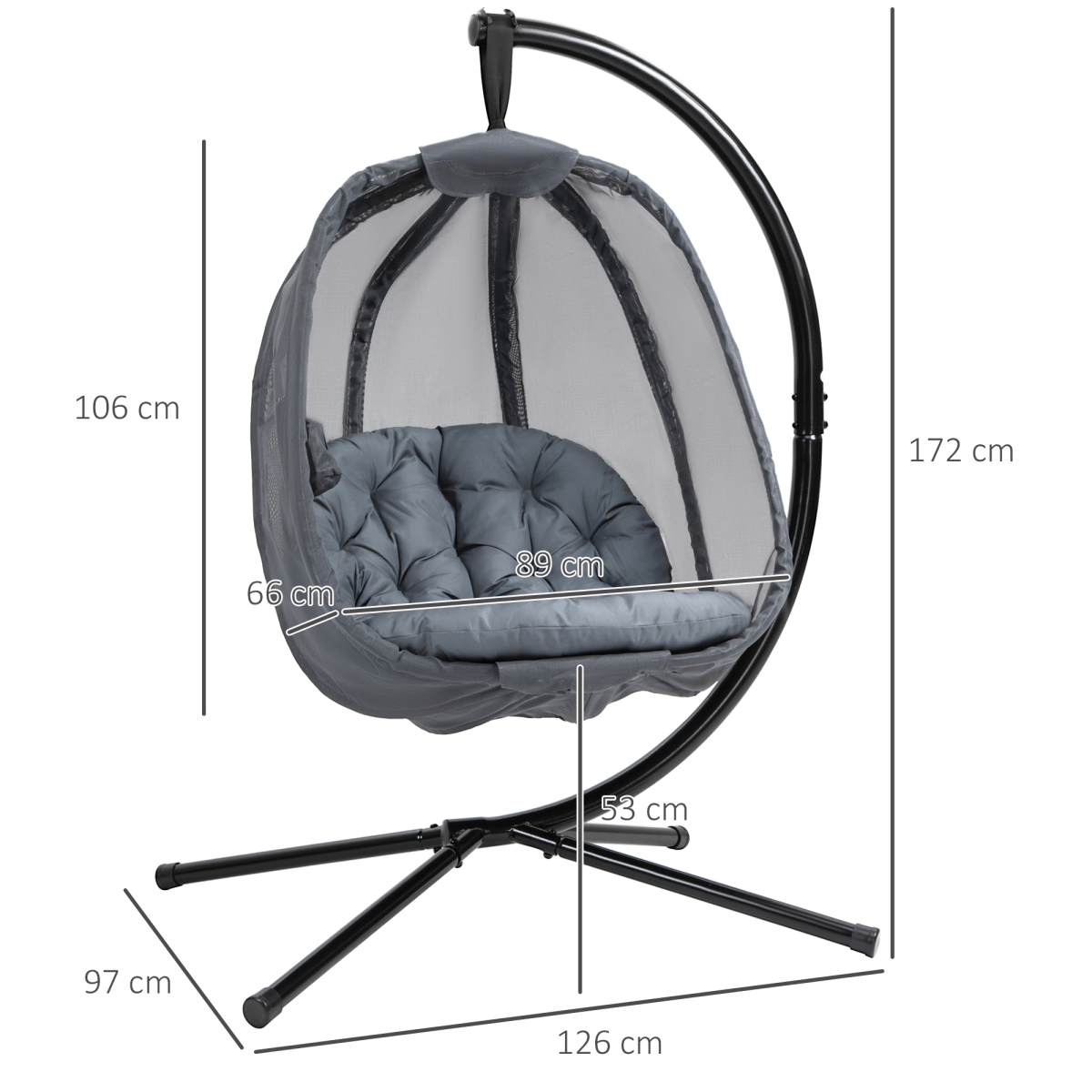 Folding Hanging Egg Chair with Cushion and Stand - Grey