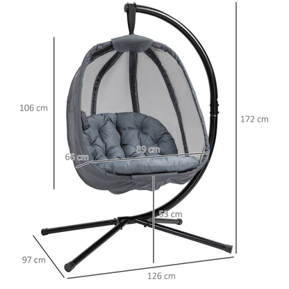 Folding Hanging Egg Chair with Cushion and Stand - Grey