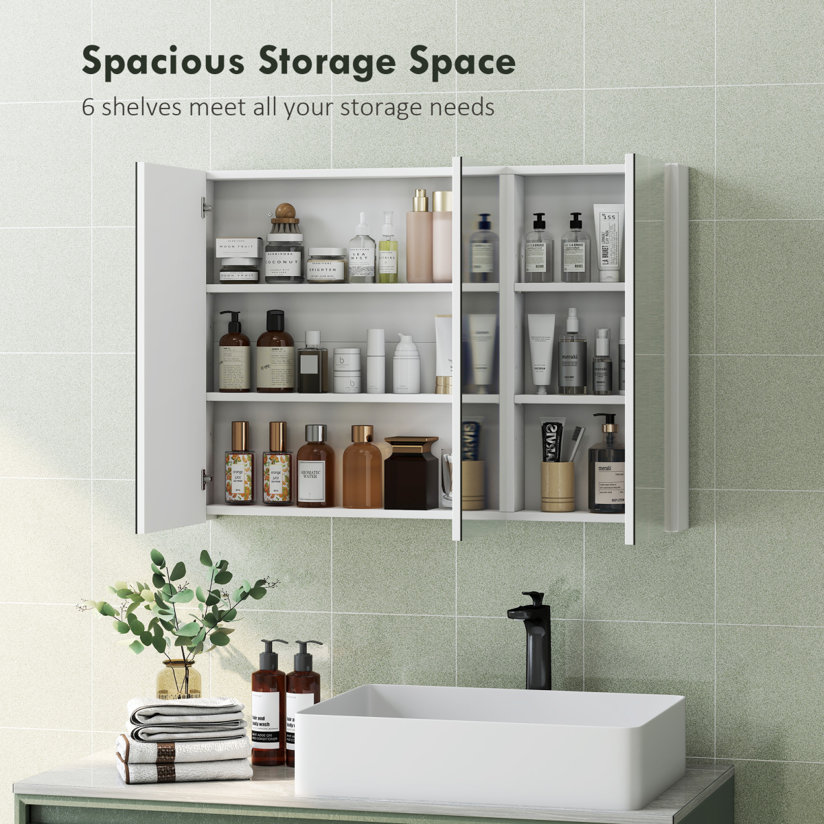 HOMCOM Bathroom Mirror Cabinet with 4 Adjustable Shelves, White showcasing spacious storage with 6 shelves.