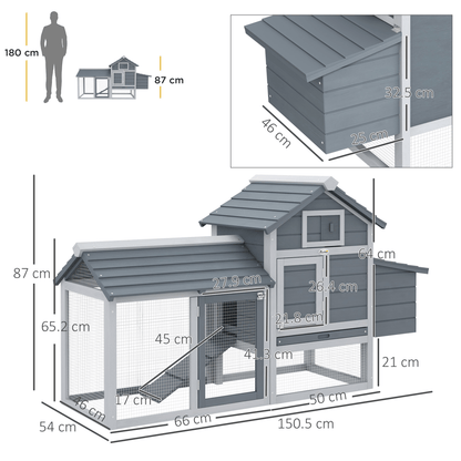 Small Chicken Coop Hen Cage Nesting Box w/ Outdoor Run Grey 150.5 x 54 x 87 cm