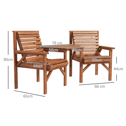 Outsunny Wooden Garden Love Seat Bench with Coffee Table Tan Brown