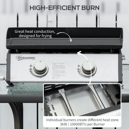 Outsunny Portable Gas BBQ Grill with 2 Stainless Steel Burner, 6kW