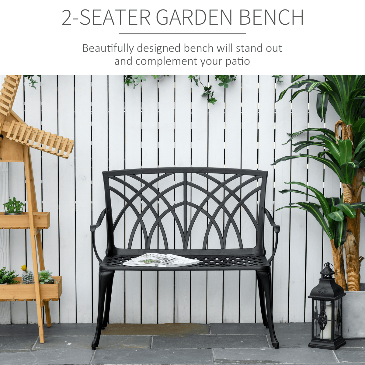 Outsunny 2-Seater Cast Aluminium Garden Bench Loveseat Ergonomic Armrest