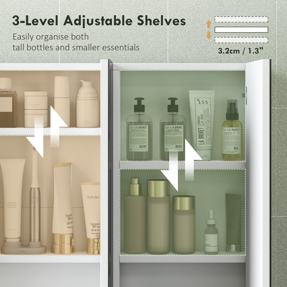 HOMCOM Bathroom Mirror Cabinet with 4 Adjustable Shelves, White showcasing 3-level adjustable shelves for organizing essentials.