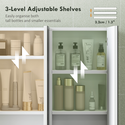 HOMCOM Bathroom Mirror Cabinet with 4 Adjustable Shelves, White showcasing 3-level adjustable shelves for organizing essentials.