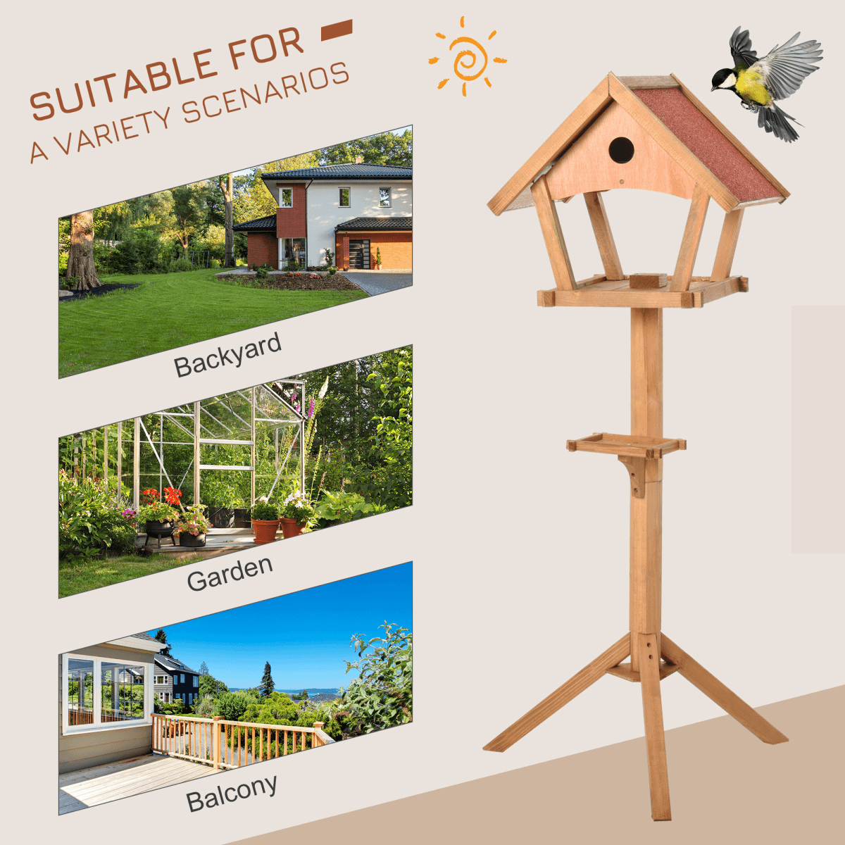 Wooden Bird Feeder Stand for the garden with dual platforms for food and water