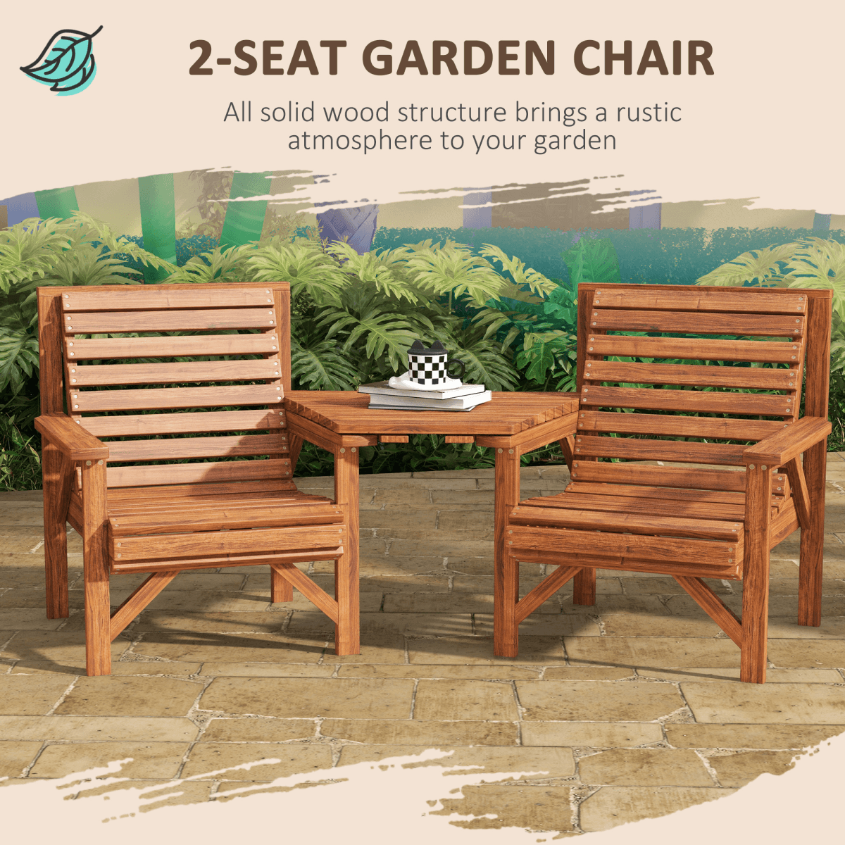 Outsunny Wooden Garden Love Seat Bench with Coffee Table Tan Brown