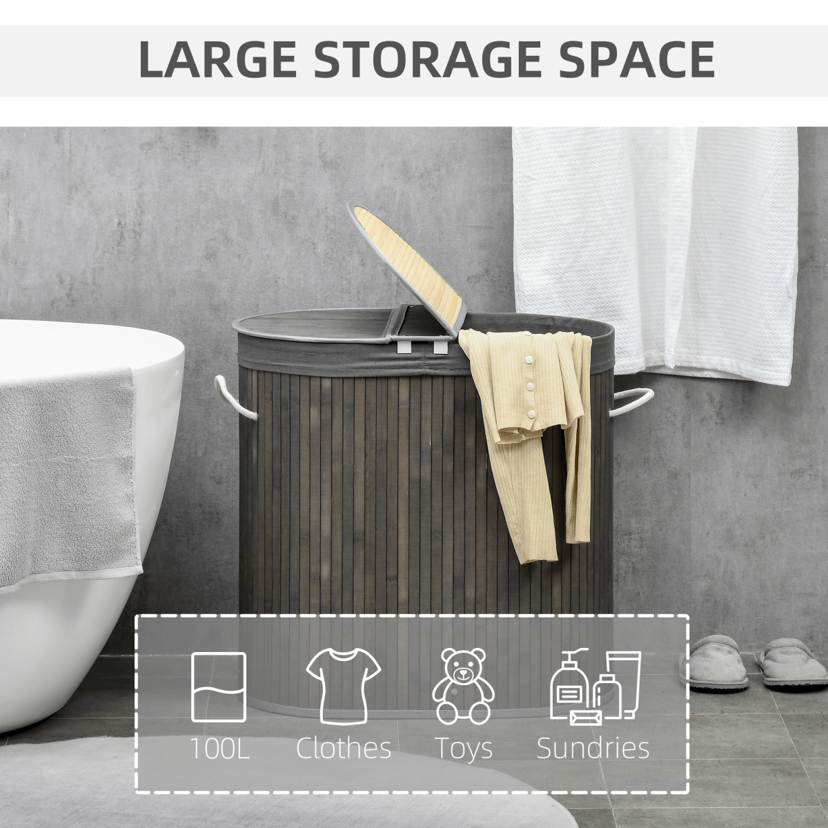 100L Bamboo Laundry, Washing Basket with 2 Compartments - Grey HOMCOM