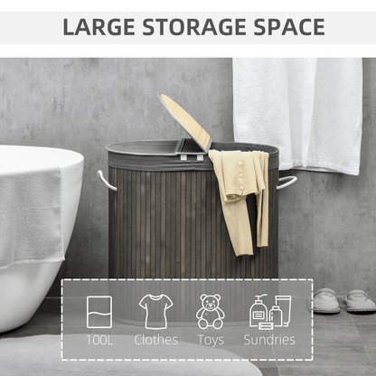 100L Bamboo Laundry, Washing Basket with 2 Compartments - Grey HOMCOM