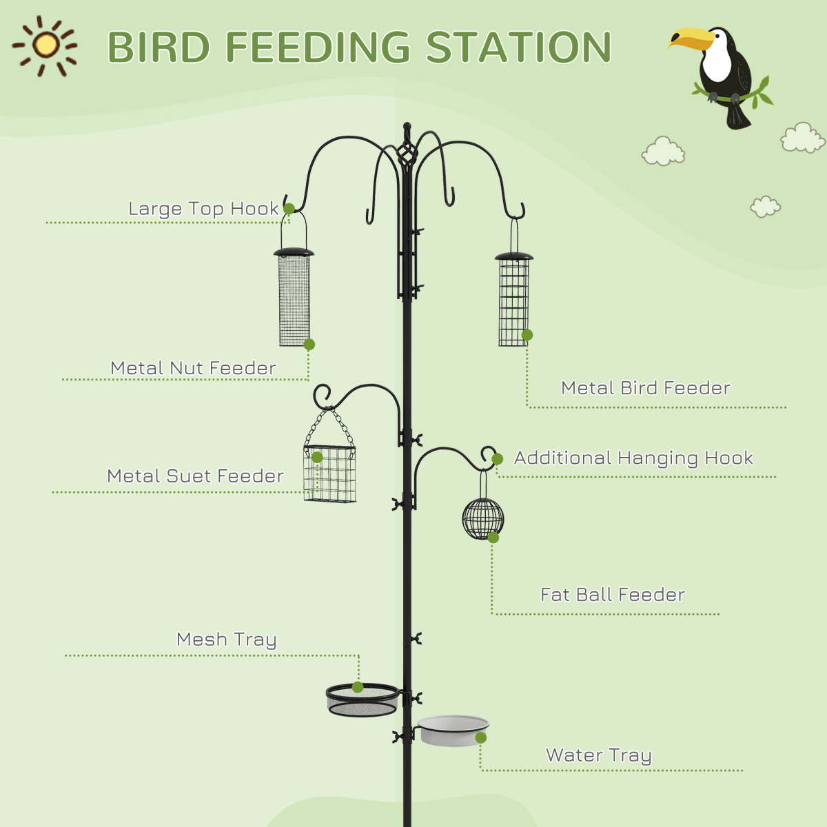 Bird Feeding Station Kit Wild Bird Feeder Pole w/ 6 Hooks 4 Hanging Feeders