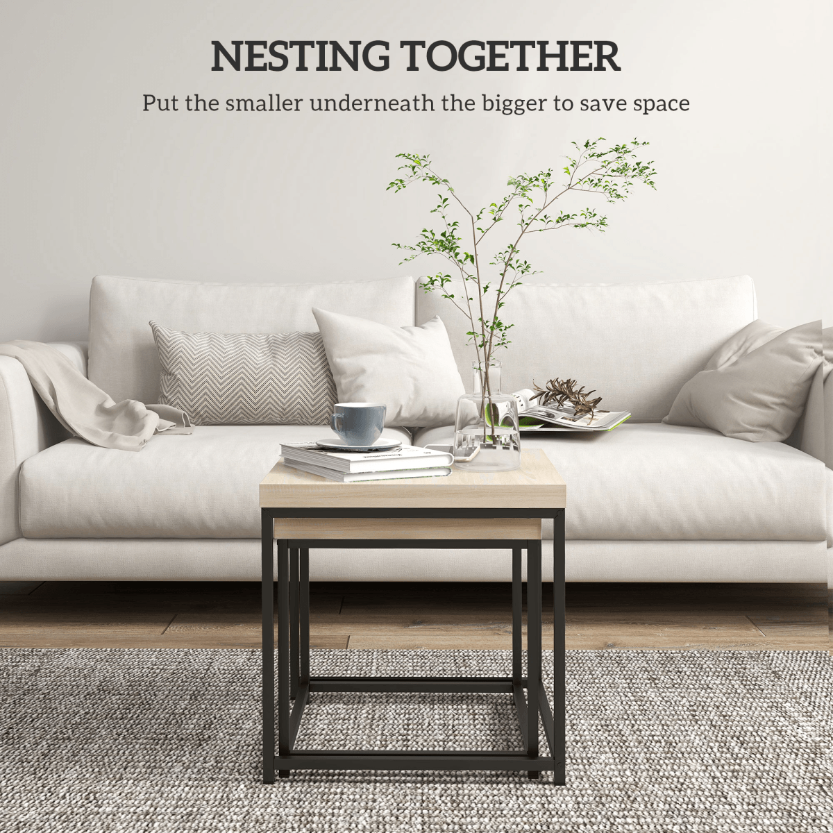 HOMCOM Coffee Table Set of 2, Nest of Tables with 3.5cm Thick Tabletop