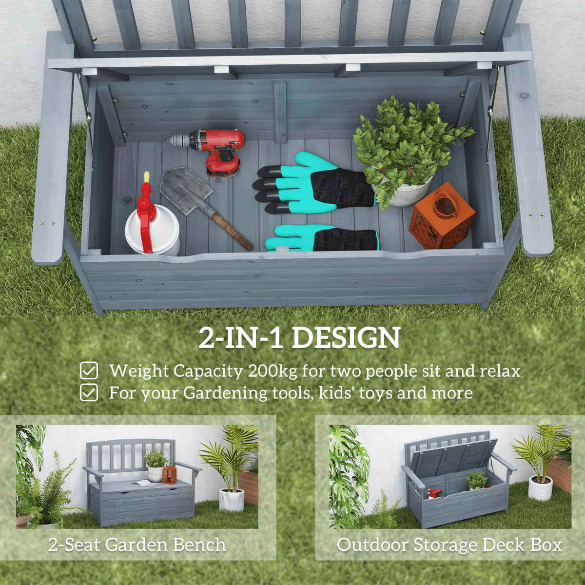 Outsunny Garden Storage Bench, 2 Seater Fir Wood Outdoor Bench, Dark Grey