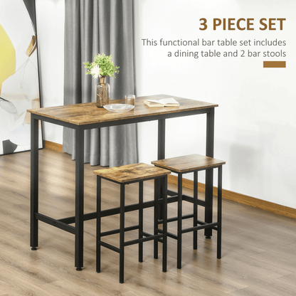 Industrial Bar Table Set, 2 Stools, 3PC Counter Height Rustic Brown