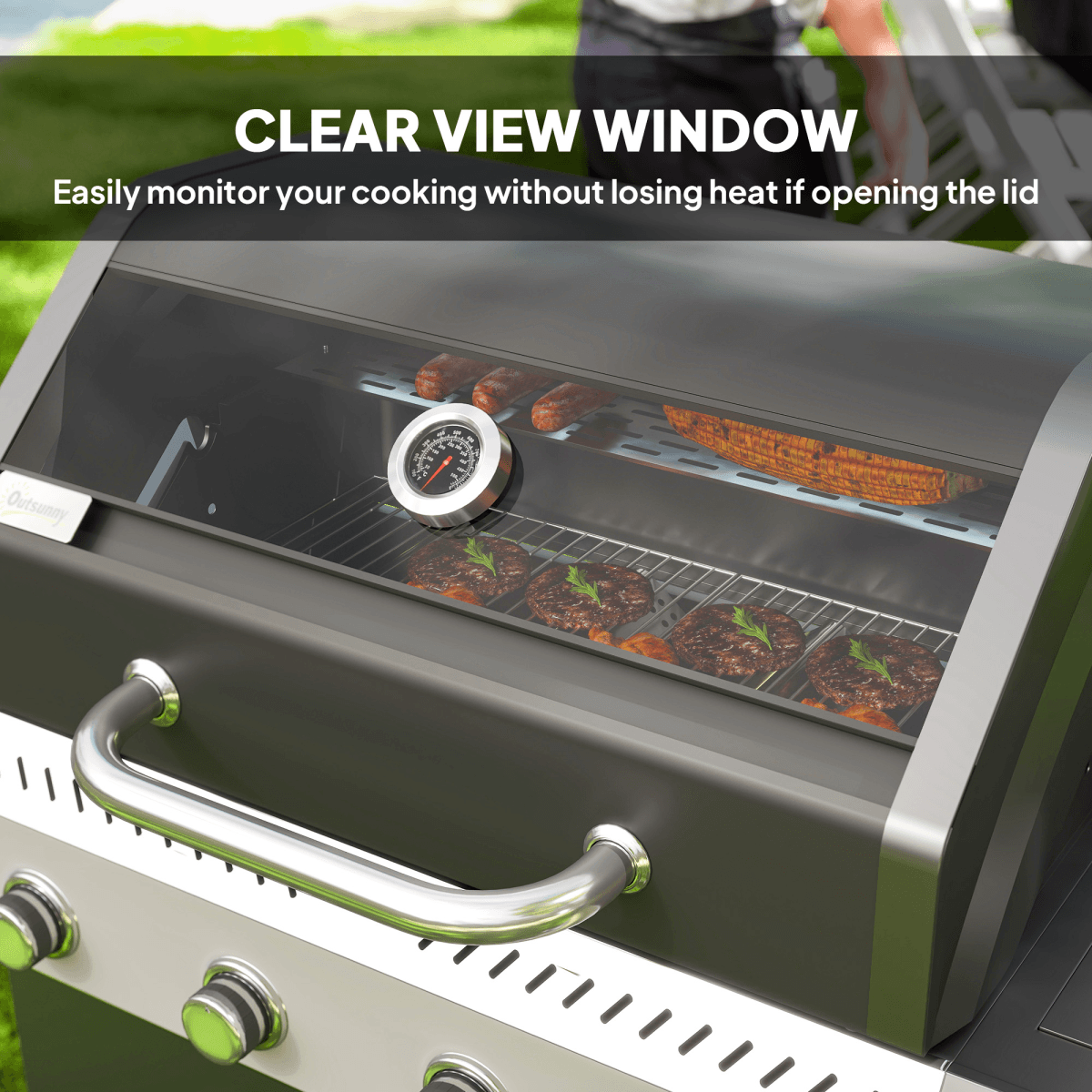 Outsunny 4+1 Burner Gas BBQ Grill with Clear View Lid, Thermometer, Black
